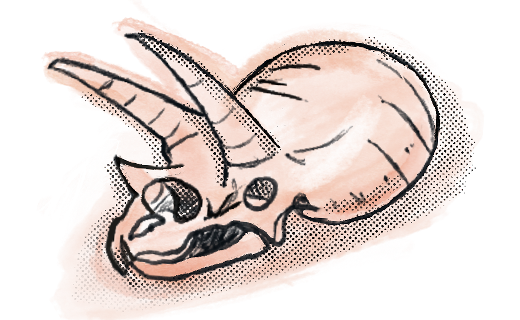 Illustration of a Triceratops skull with three horns and a frilled head drawn on an orange background.