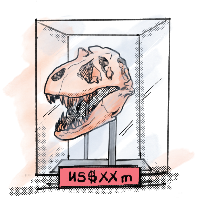 Illustration of a dinosaur skull displayed in a glass case with a price tag reading “US$XXm”.