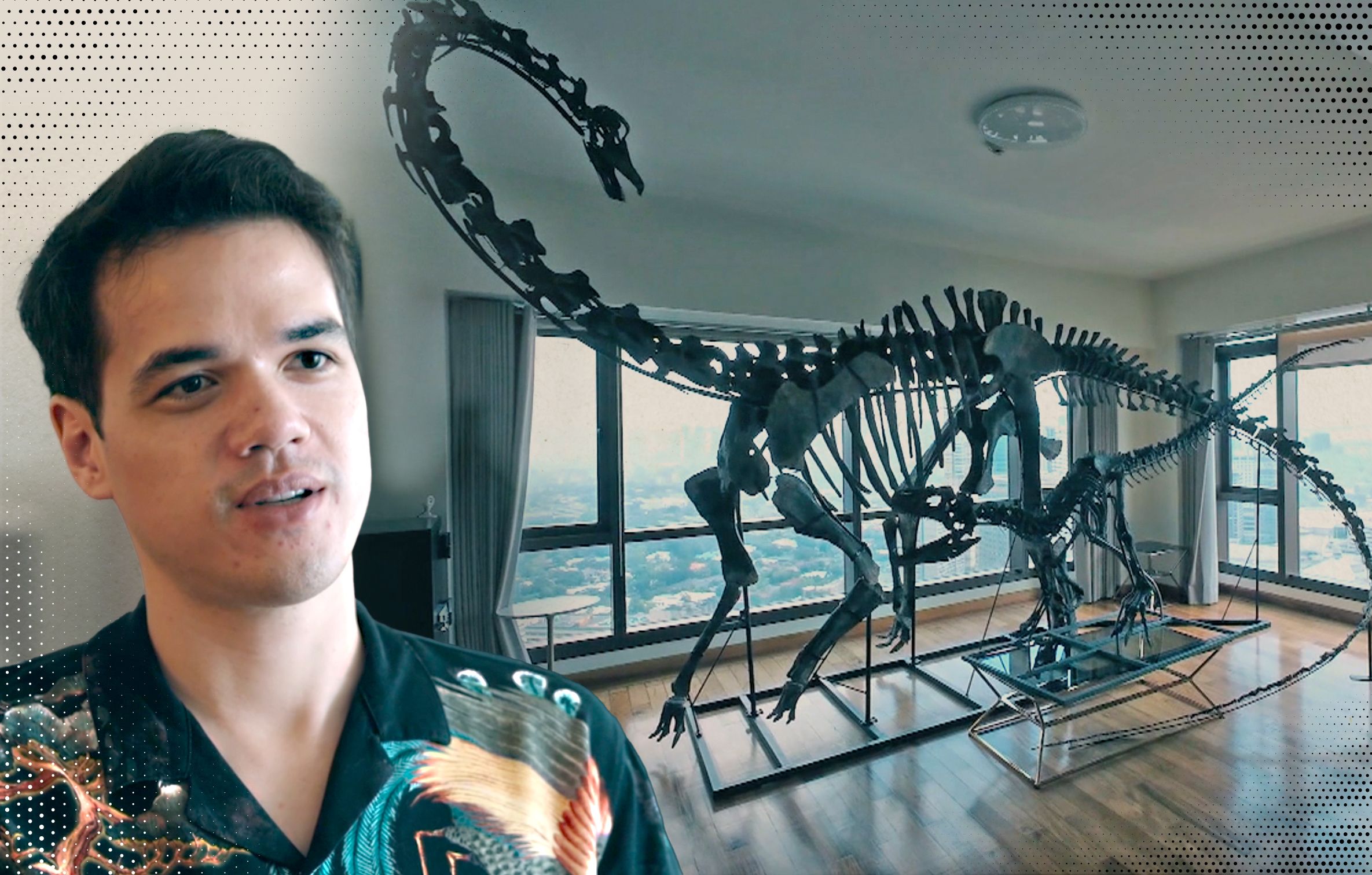 A man sitting beside a dinosaur skeleton display with a model of a dinosaur in the foreground.