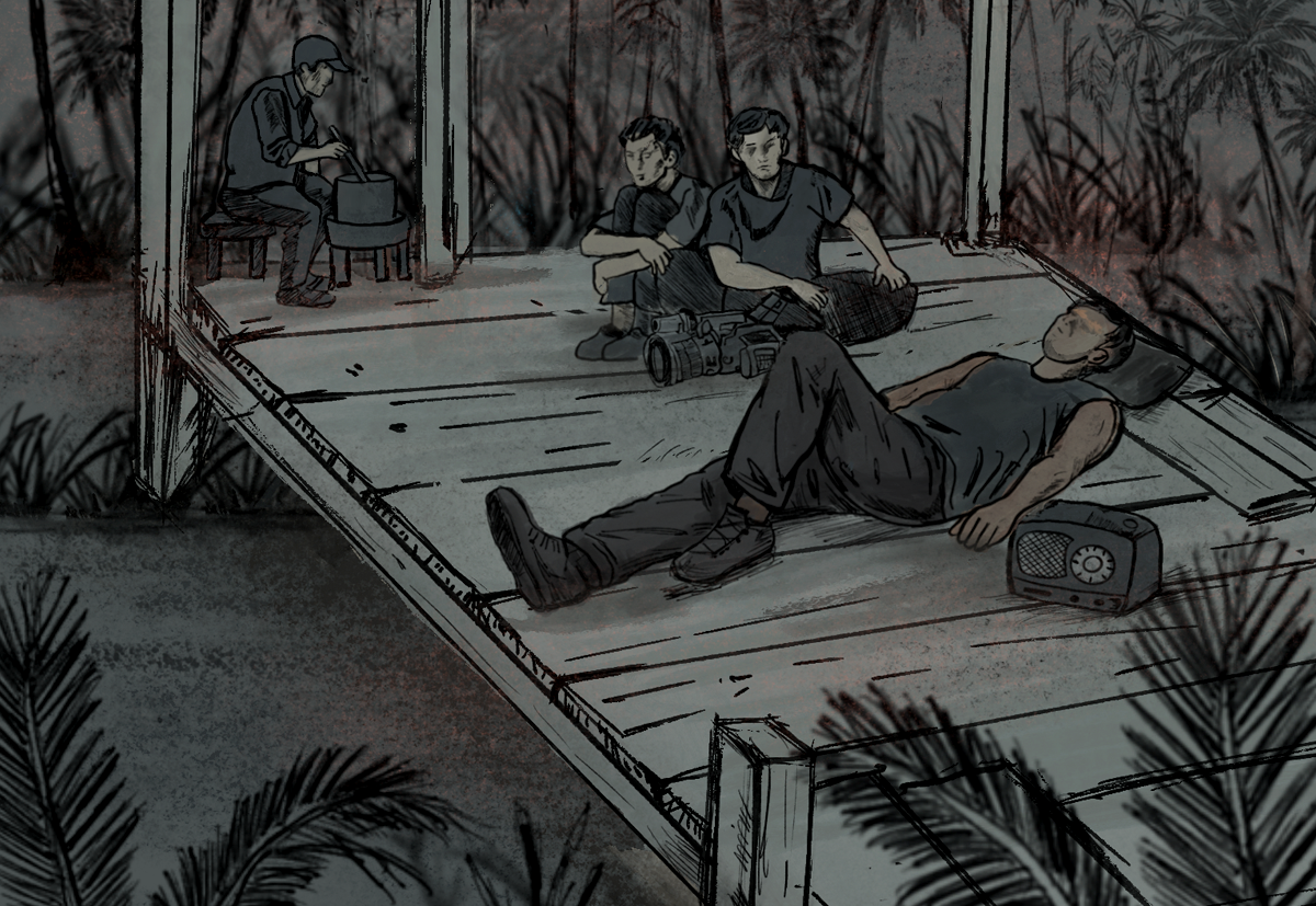 Illustration of four men resting and lying inside a wooden hut, a camera and a radio on the floor.