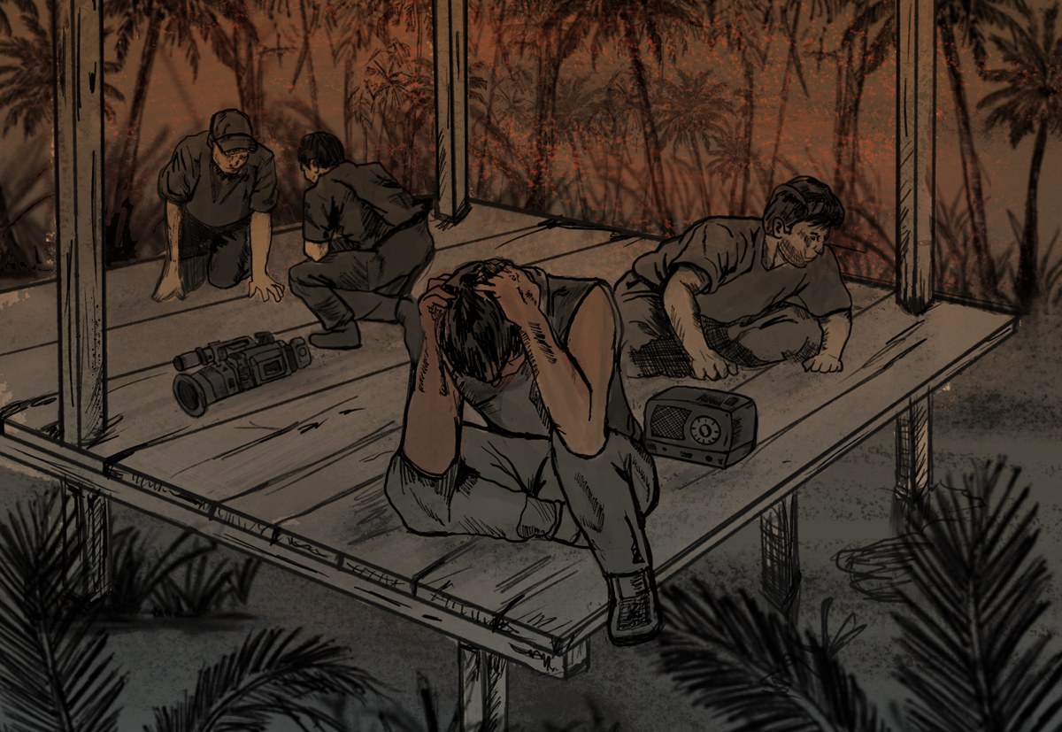 Illustration of four men crouching inside a wooden hut, camera and radio on the floor.
